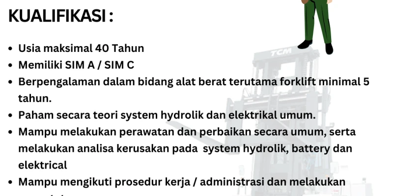 Lowongan Teknisi Forklift Elektrik<br>
